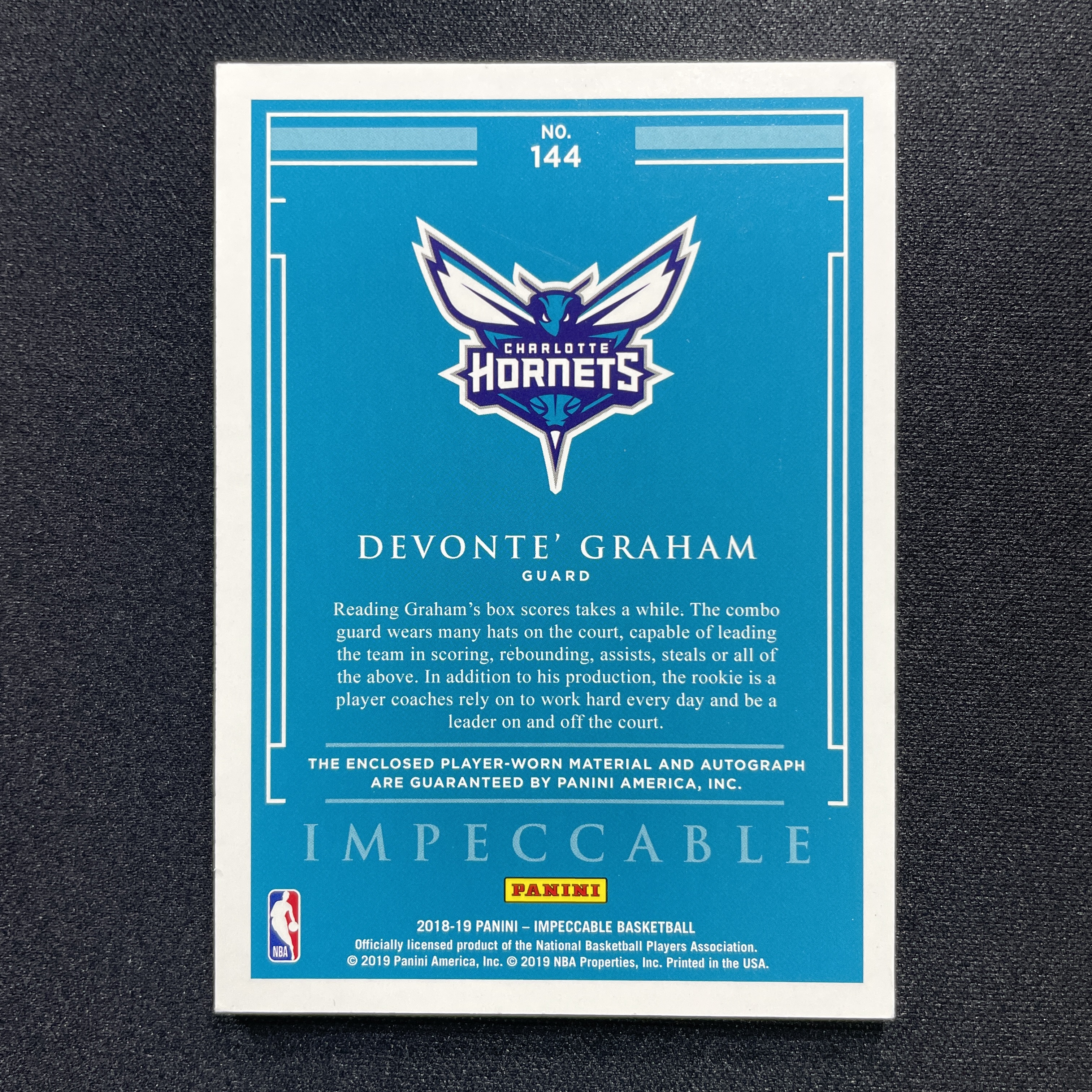 young熊猫 2018-19 Panini Impeccable 小真金 Devonte Graham 德温特 格拉汉姆 黄蜂 新秀RC 16/25编 签字卡签 RPA 收藏必备-阳-18