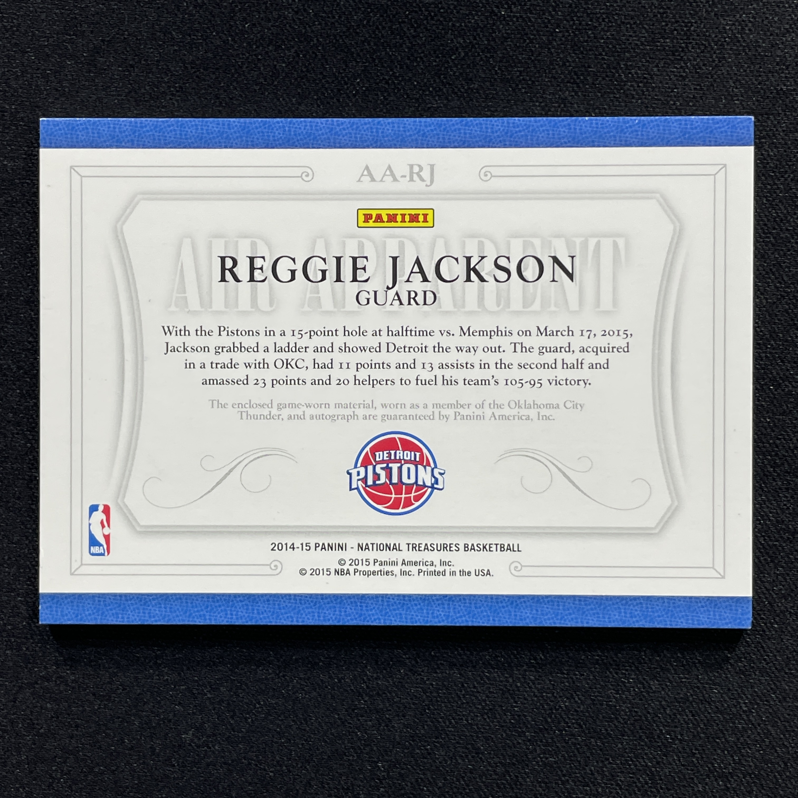 young熊猫 2014-15 Panini National Treasures 国宝 雷吉 杰克逊 Reggie Jackson 底特律活塞 签字 03/49编 GU亲穿球衣物料-纪-18