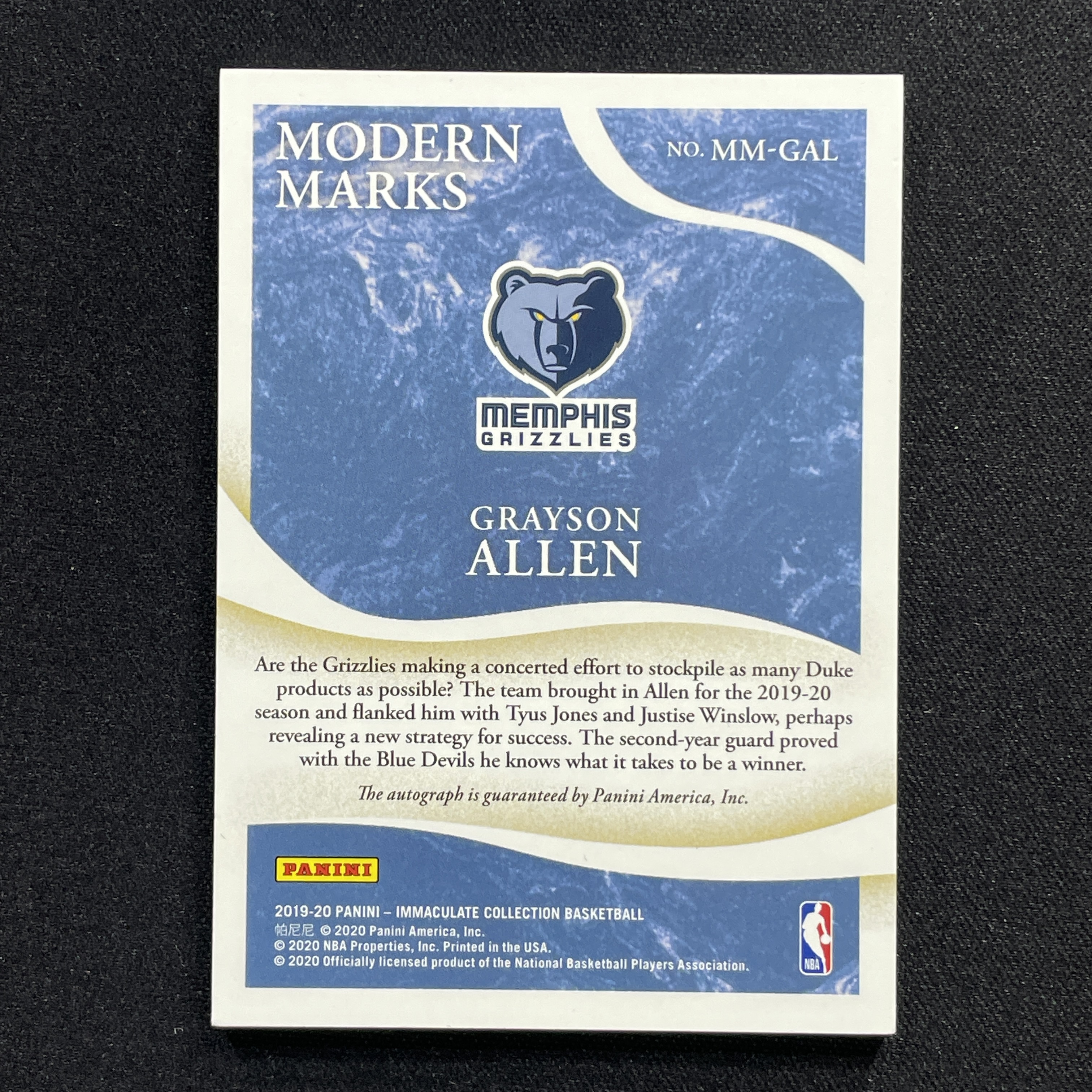 young熊猫 2019-20 Panini Immaculate imm 爱咪咪 Grayson Allen 格雷森 阿伦 灰熊 签字 15/75编 收藏必备-纪-18