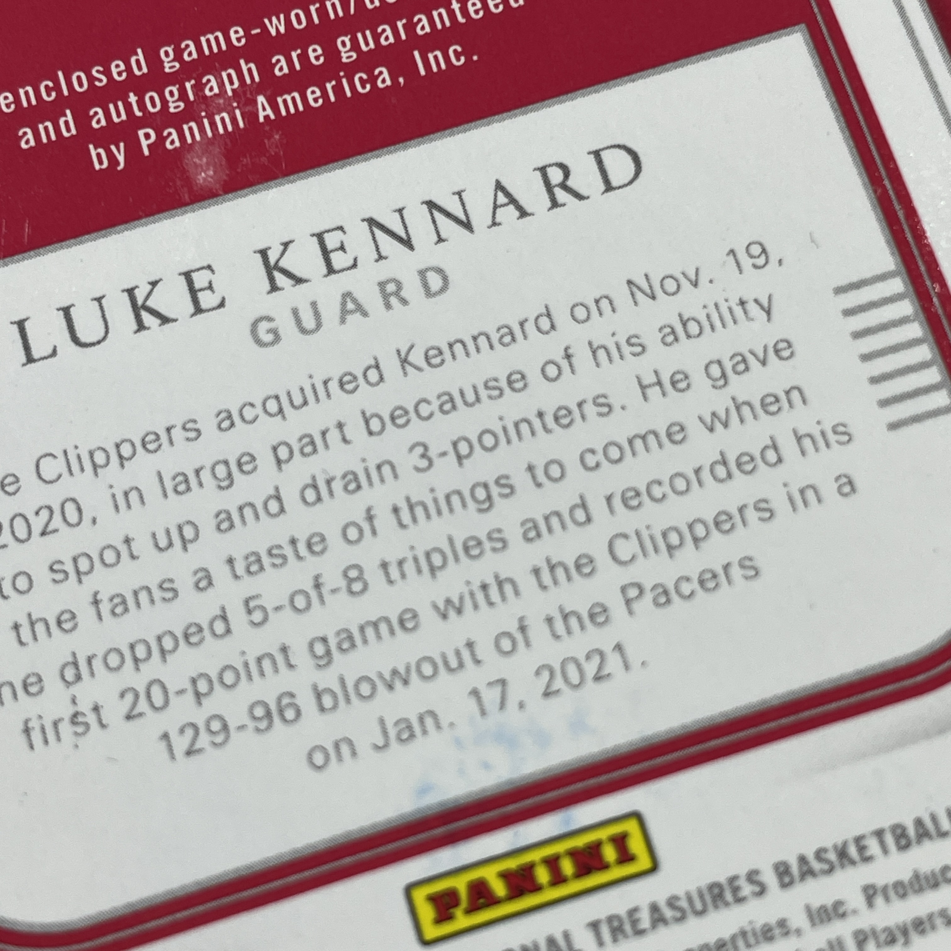 young熊猫 2020-21 Panini National Treasures Luke Kennard 国宝 快船 卢克 肯纳德 14/99编 签字 球衣物料 微瑕如图-纪-18
