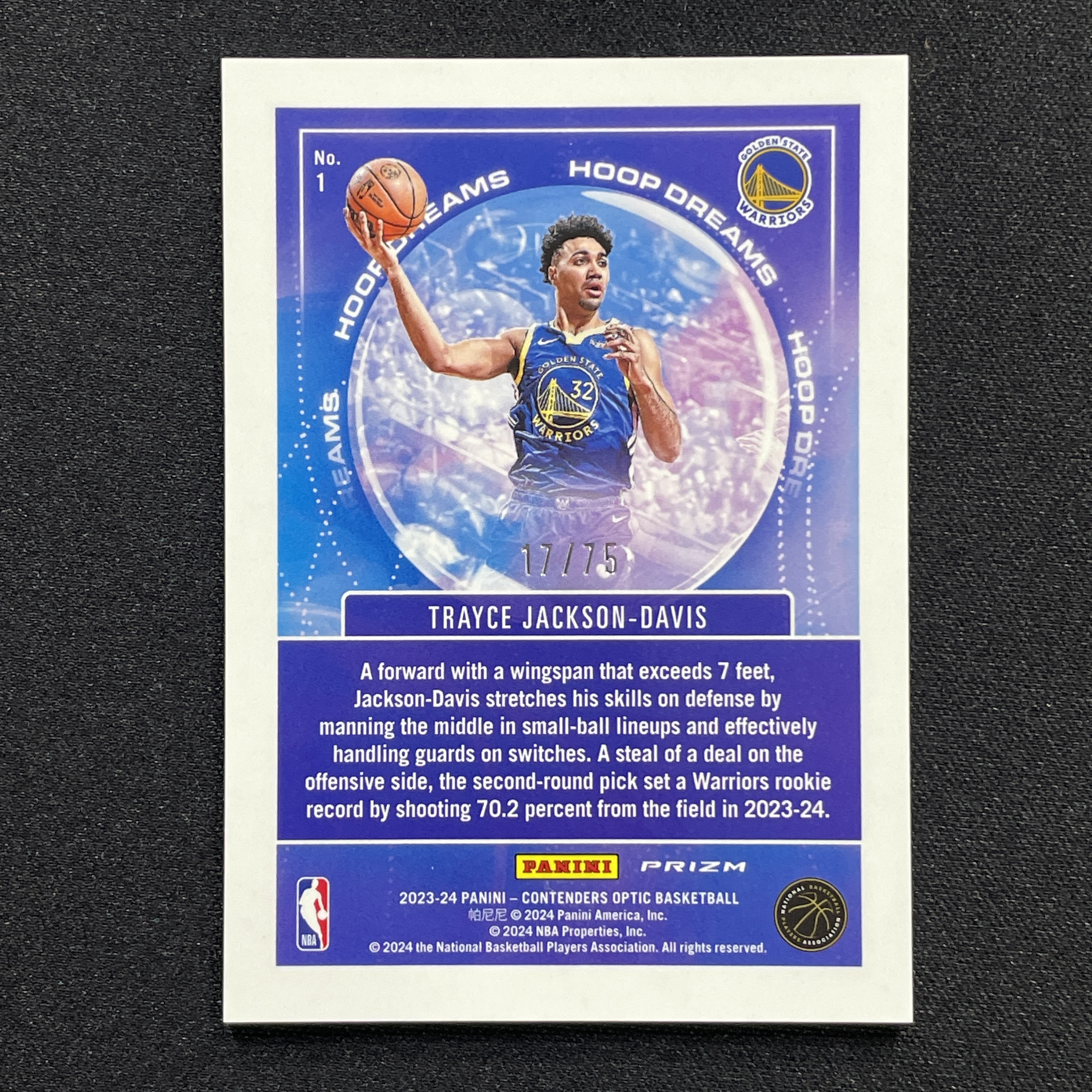 young熊猫 2023-24 Panini Contenders Optic 球票Op Trayce Jackson-Davis 特雷斯 杰克逊 戴维斯 勇士 新秀RC 17/75编 蓝碎冰折 折射 瑕疵如图-纪-20