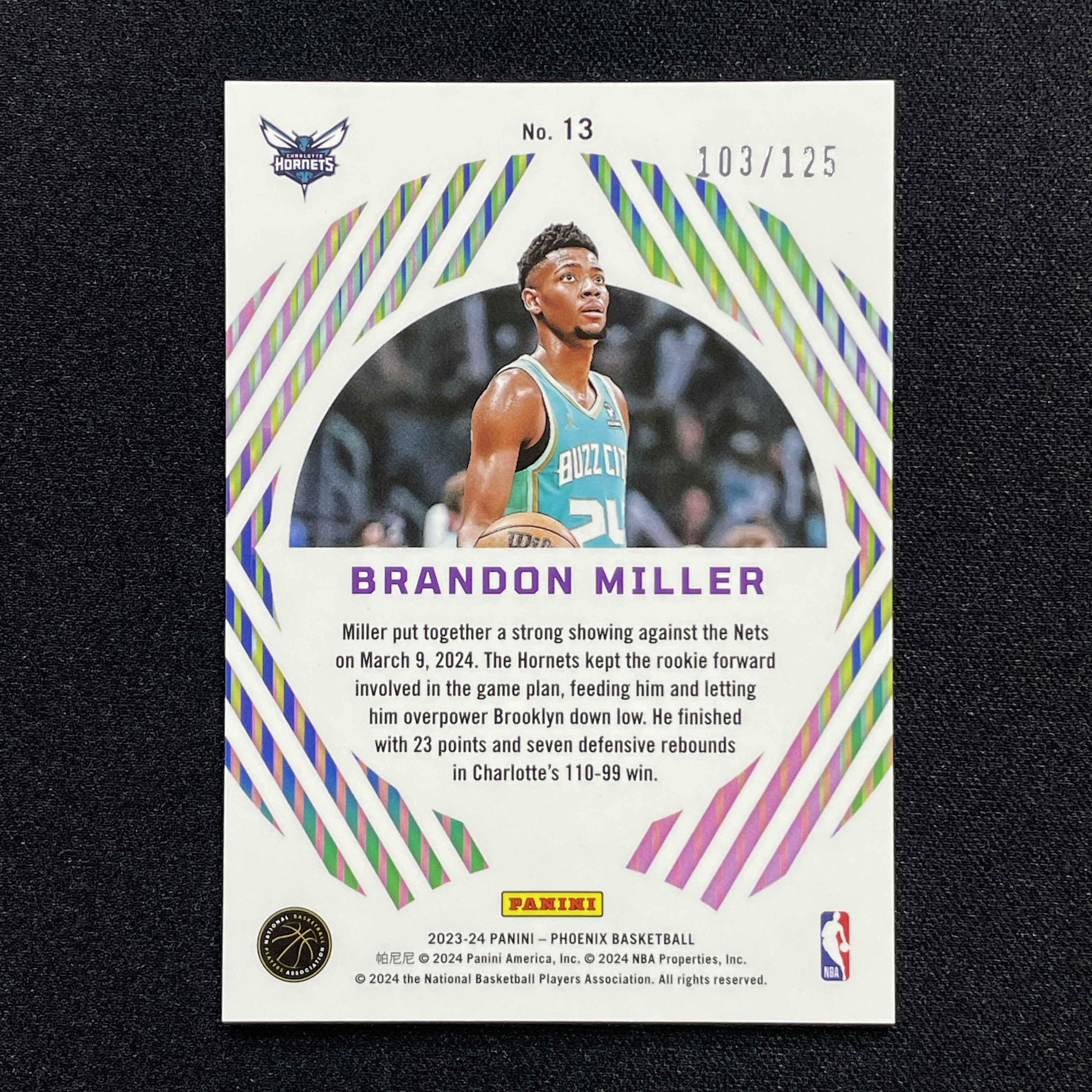 young熊猫 2023-24 Panini Phoenix 凤凰 Brandon Miller 布兰登 米勒 黄蜂 新秀RC 103/125编 红折 Mystique 特卡 折射 瑕疵如图-纪-20