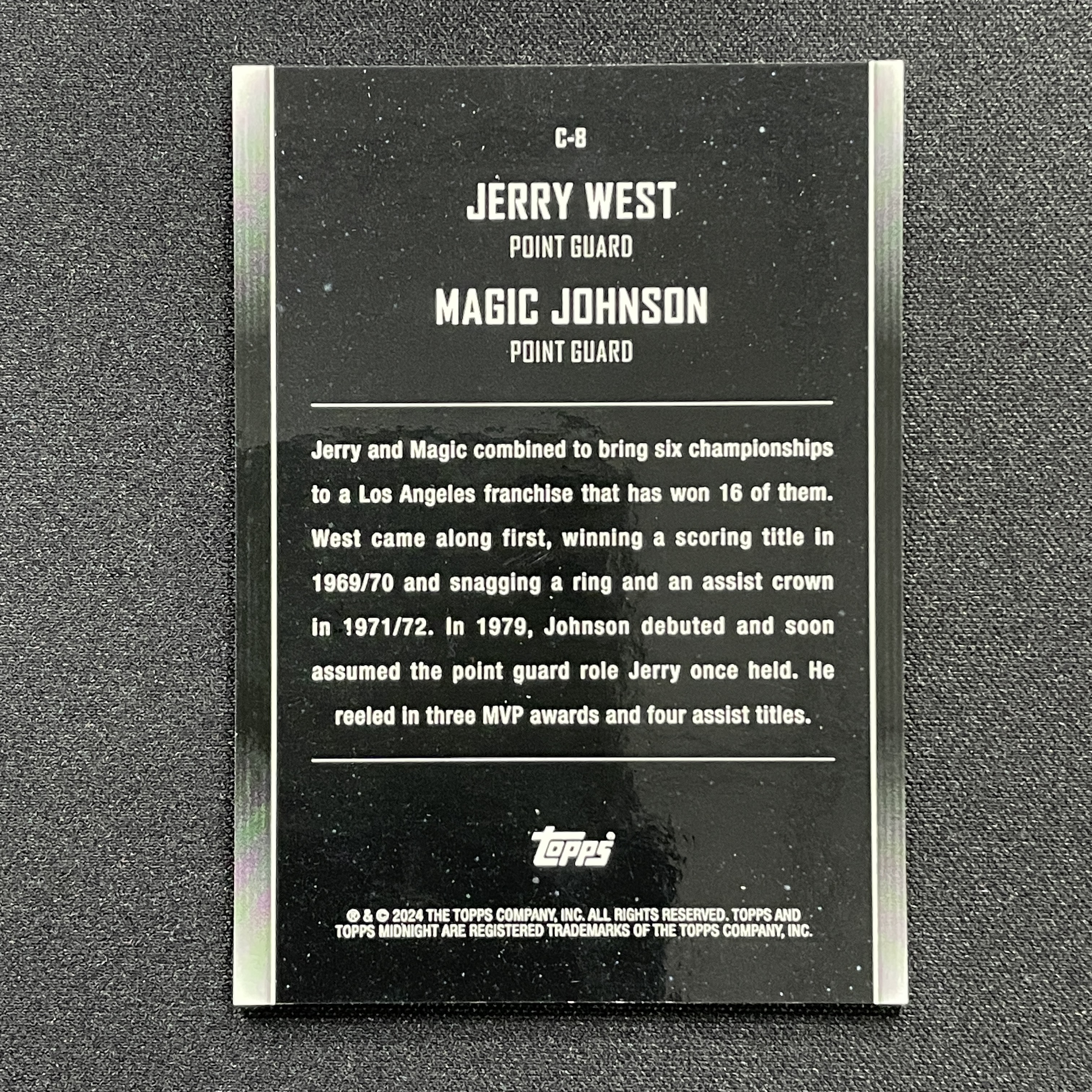 young熊猫 2024 Topps Midnight 午夜 Jerry West/Magic Johnson 杰里 韦斯特 魔术师 约翰逊 湖人 06/99编 双人特卡 折射 瑕疵如图-纪-20