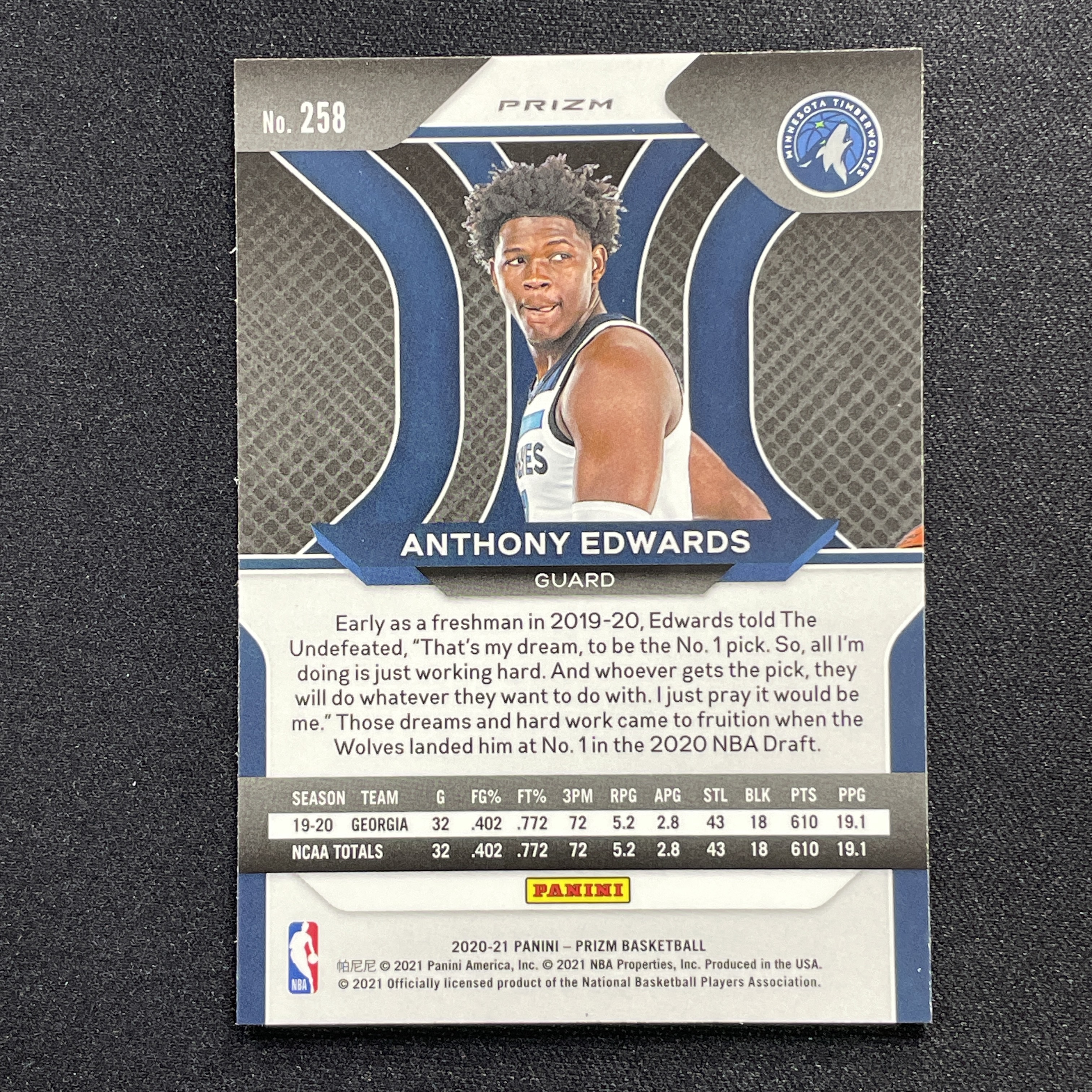 young熊猫 2020-21 Panini Prizm pz 安东尼 爱德华兹 华子 Anthony Edwards 森林狼 状元 新秀 RC 粉碎冰折 折射 瑕疵如图-纪-21