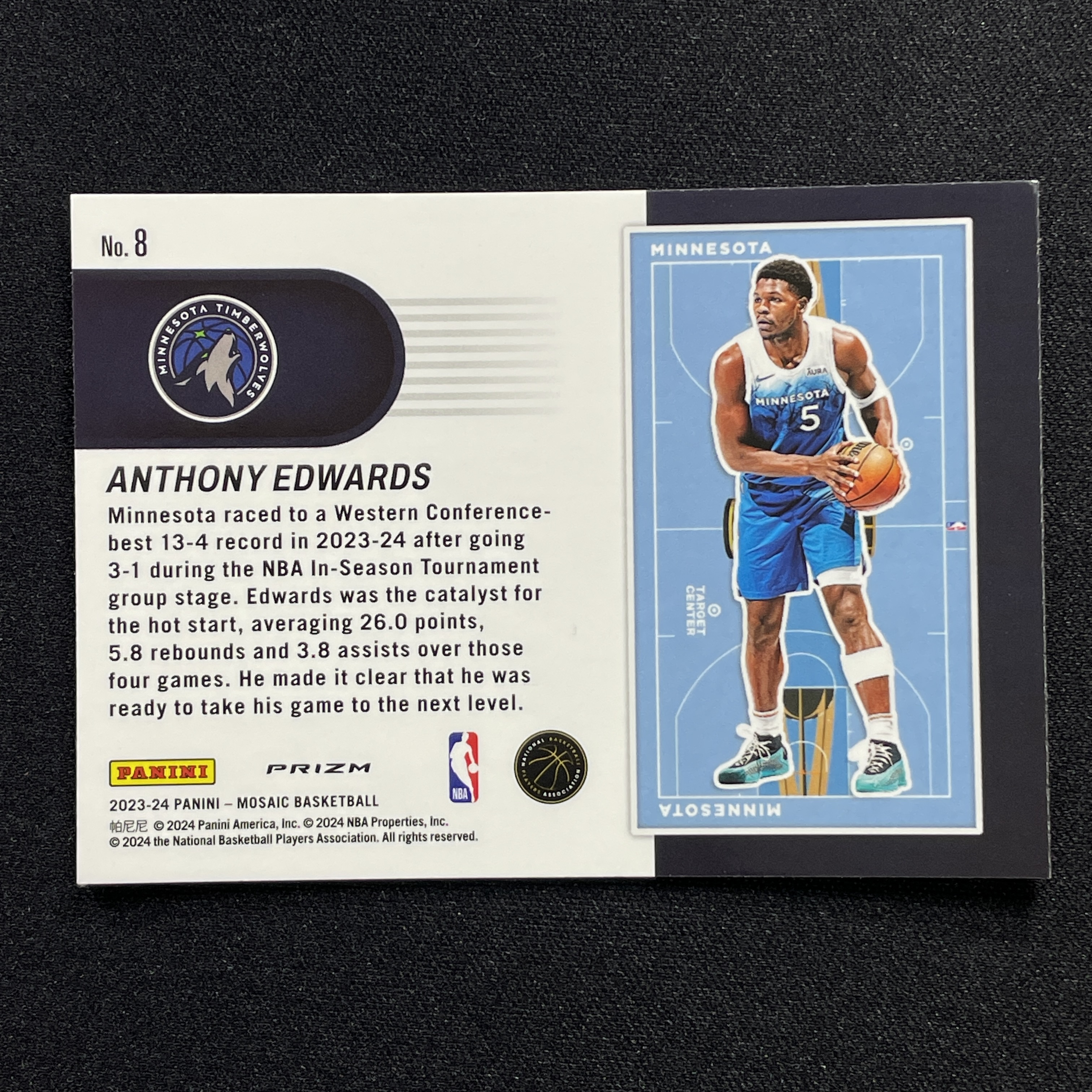 young熊猫 2023-24 Panini Mosaic 马赛克 Anthony Edwards 安东尼 爱德华兹 华子 森林狼 季中赛 特卡 银折 比例 折射-纪-21