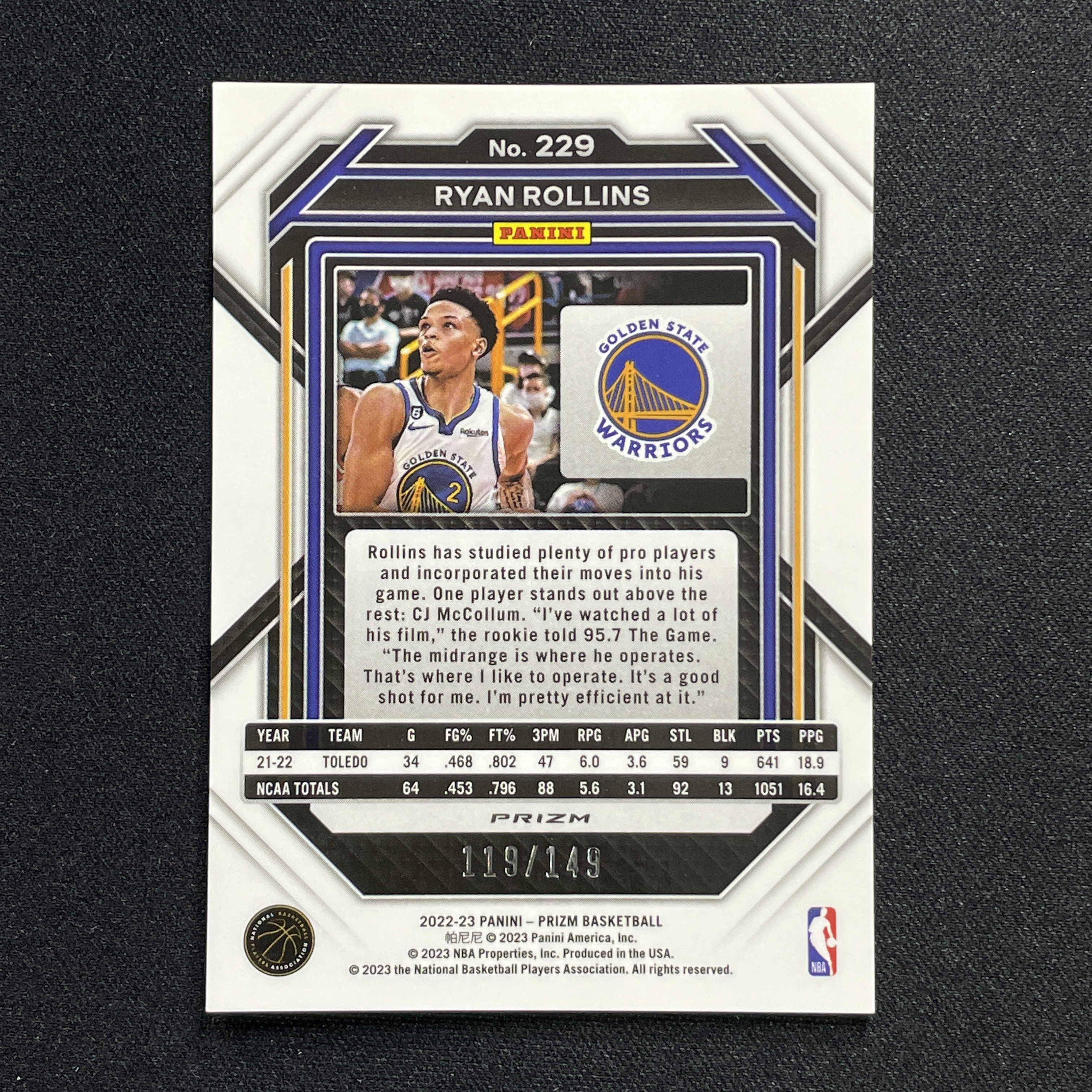 young熊猫 2022-23 Panini Prizm pz Ryan Rollins 瑞安 罗林斯 勇士 新秀RC 119/149编 紫碎冰折 折射-纪-24