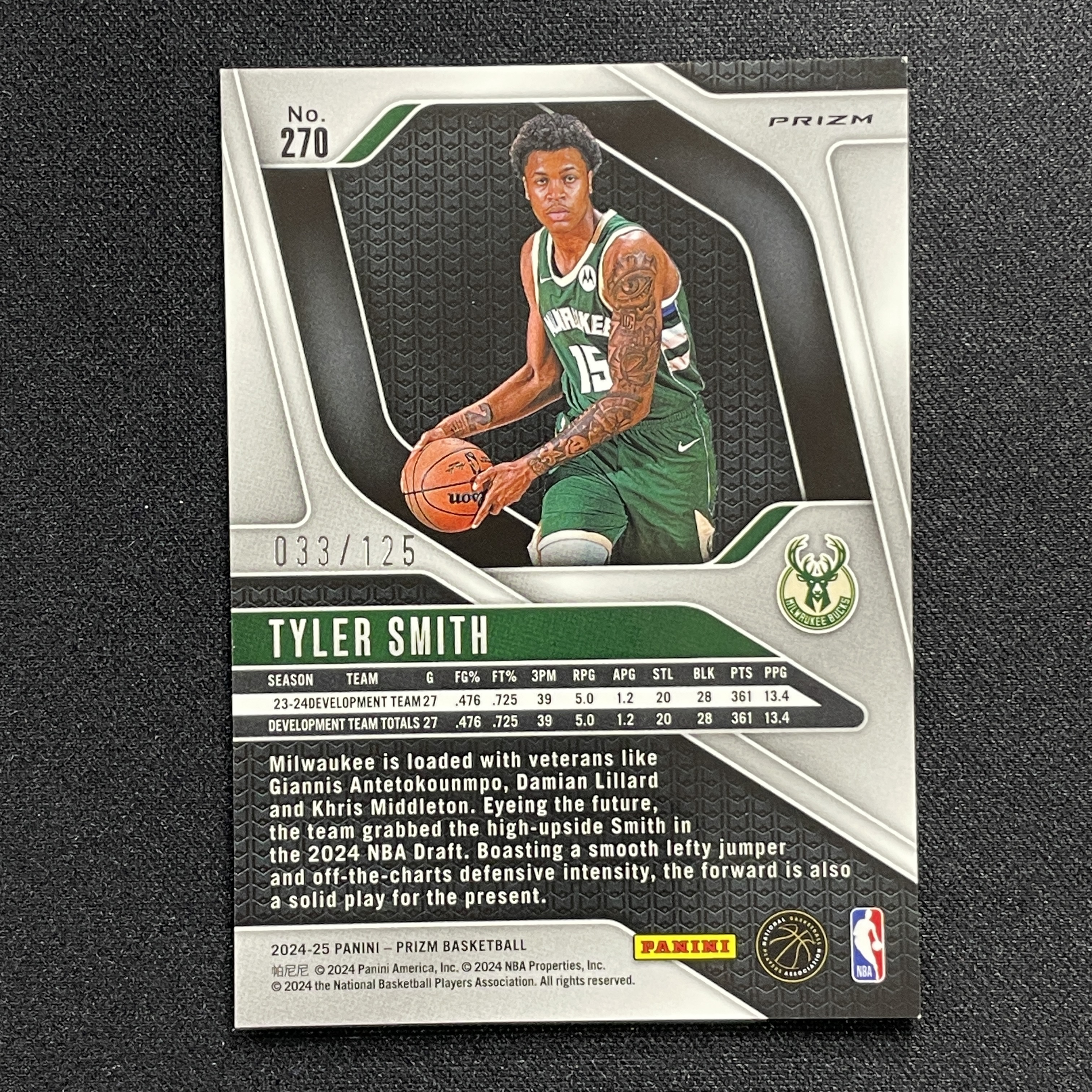young熊猫 2024-25 Panini Prizm pz Tyler Smith 泰勒 史密斯 雄鹿 新秀RC 033/125编 蓝碎冰折 折射-阳-25