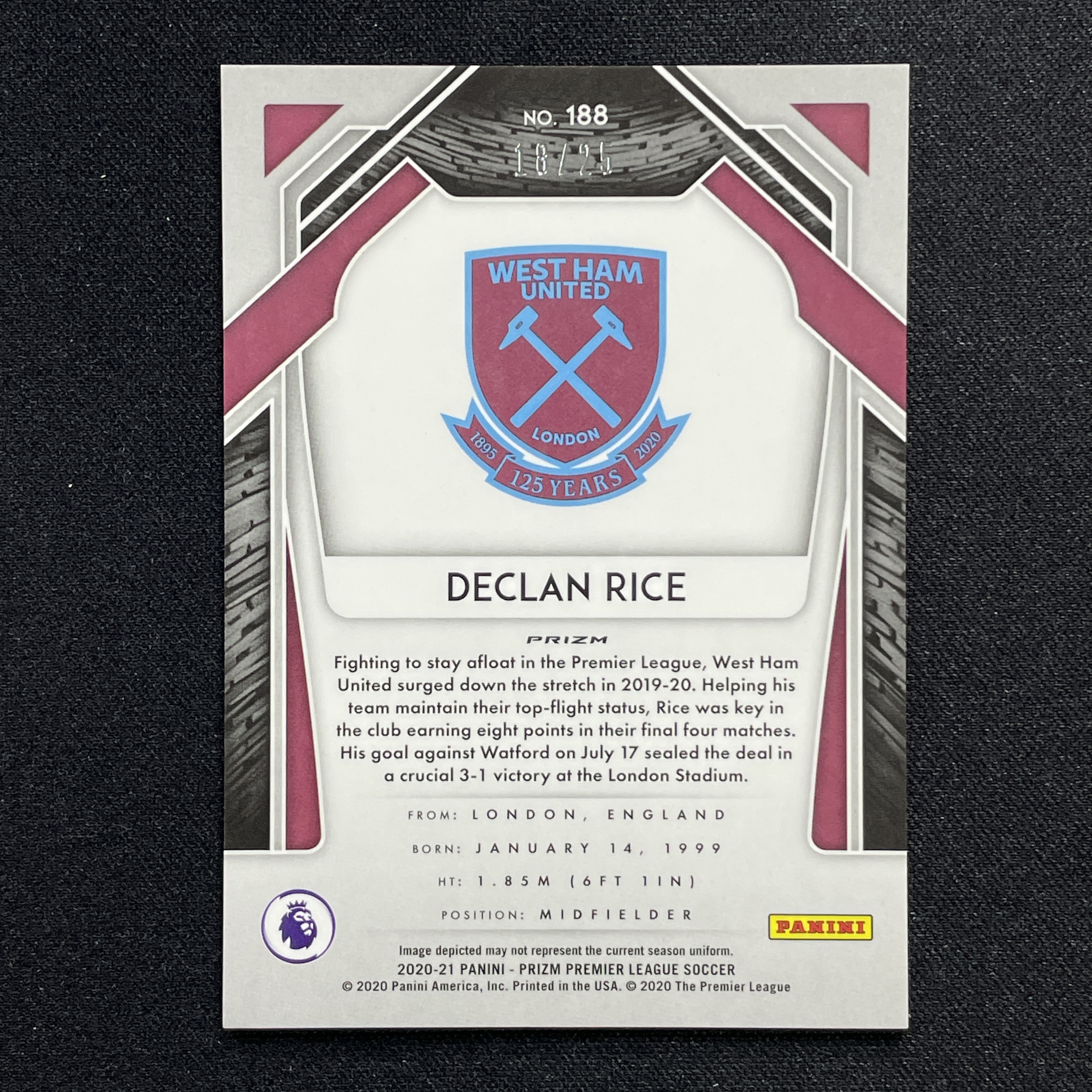 young熊猫 2020-21 Panini Prizm pz Declan Rice 德克兰 赖斯 西汉姆联 18/25编 橙折 折射-阳-25