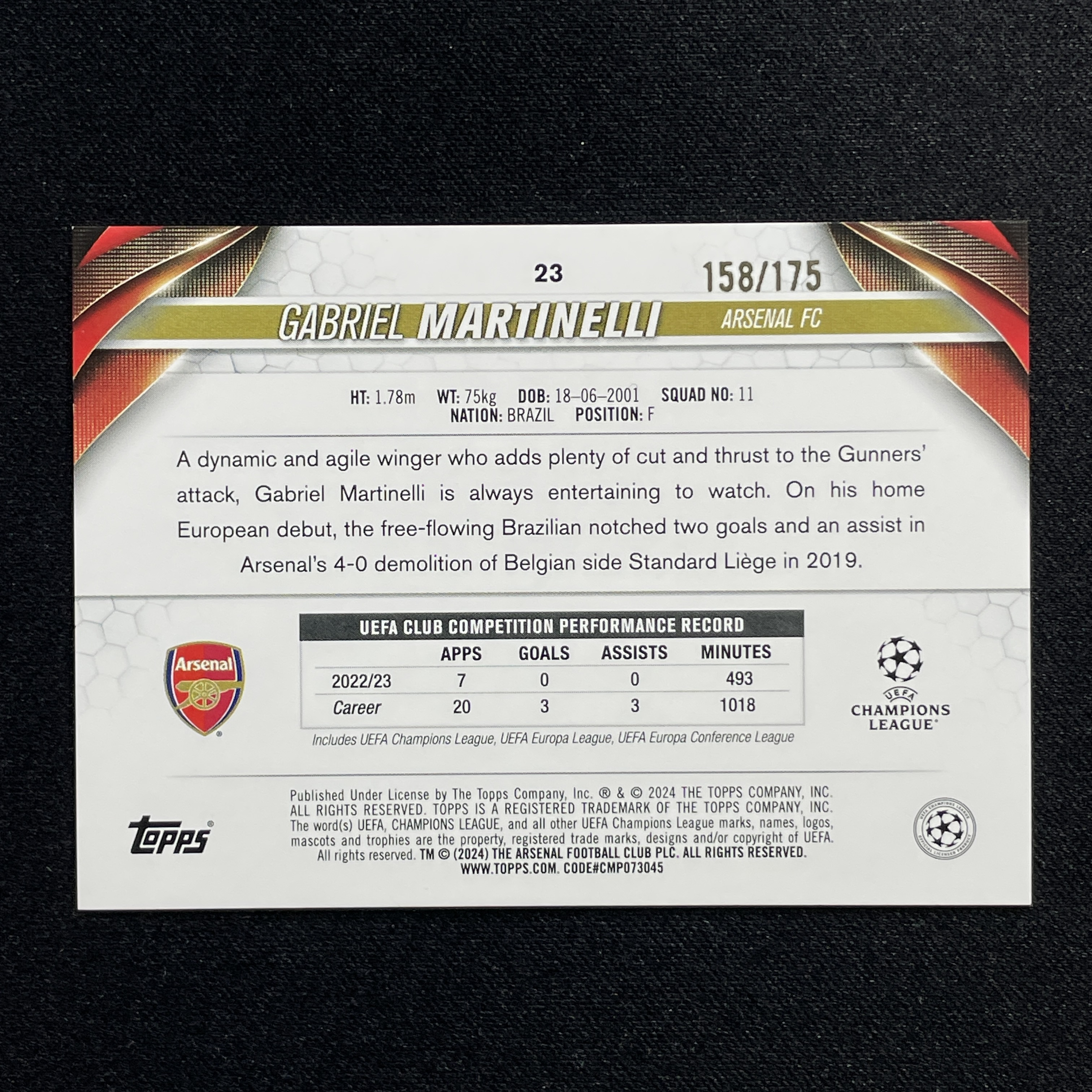 young熊猫 2024 Topps UEFA Champions League 欧冠 Gabriel Martinelli 加布里埃尔 马丁内利 阿森纳 /175编 蓝玉折 折射-阳-25