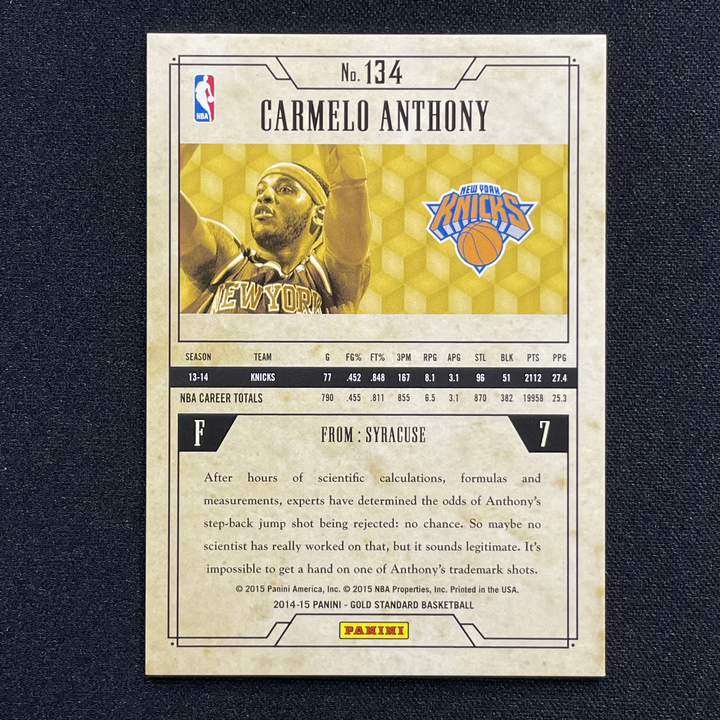 young熊猫 2014-15 Panini Gold Standard 金砖 Carmelo Anthony 卡梅隆 安东尼 甜瓜 尼克斯 /285编 折射 base-阳-25