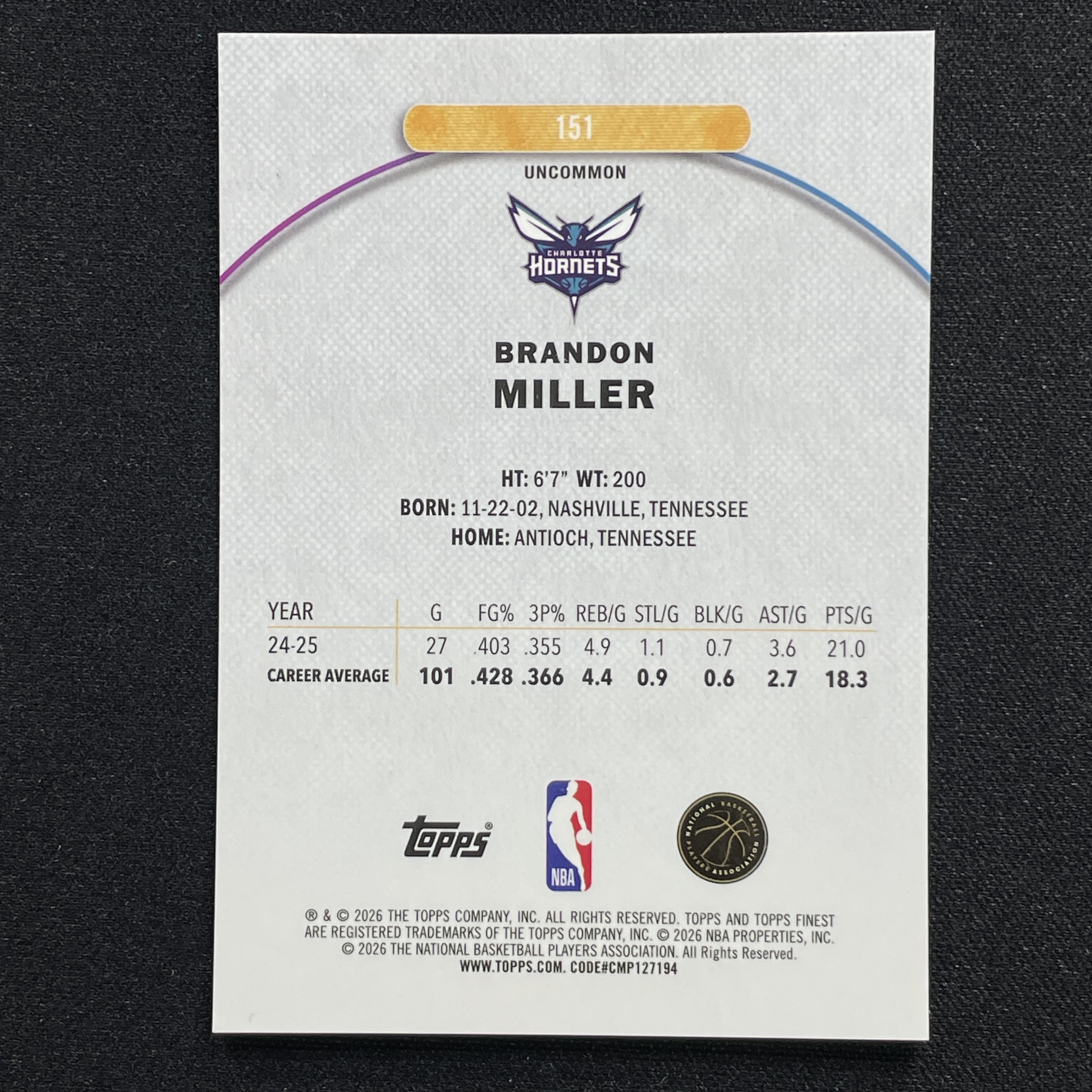 young熊猫 2025-26 Topps Finest Brandon Miller 黄蜂 布兰登 米勒 05/10编 黑折 折射 2级 二级 base 瑕疵如图-贾克斯-ym